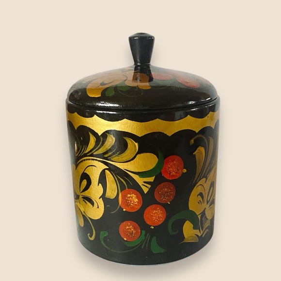 Russian Khokhloma Vintage Lacquerware 4pc Set Canister Cup Bowl Spoon Handmade - Picture 4 of 8